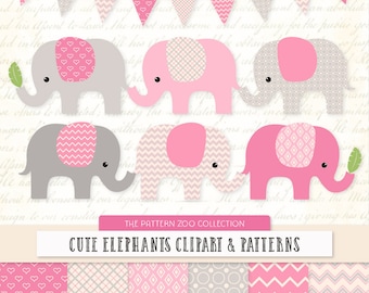 Patterned Pink Elephants Clipart and Digital Papers - Pink Elephant Clipart, Elephant Vectors, Baby Elephants, Cute Elephants