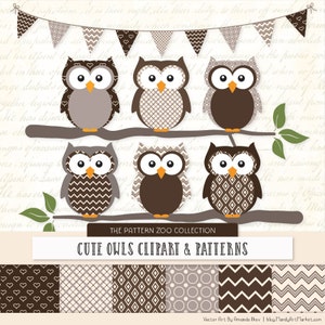Patterned Chocolate Owls Clipart and Digital Papers - Brown Owl Clipart, Owl Vectors, Baby Owls, Cute Owls