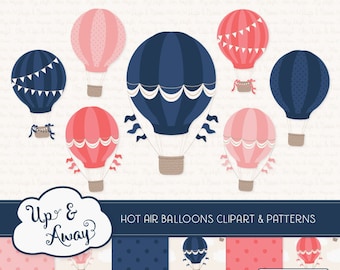 Navy & Blush Hot Air Balloons Clipart with Digital Papers - navy and pink hot air balloons clipart, hot air balloons vectors
