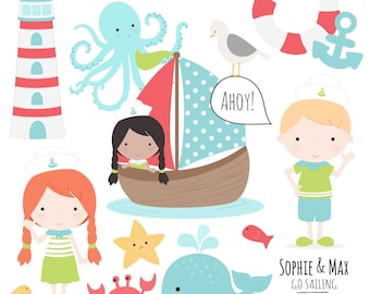 Cute Sailing Clipart in Fresh - Cute Nautical Clipart, Nautical Vectors, Kids Sailing, Kids Nautical, Sailing Vectors, Sailboat, Octopus