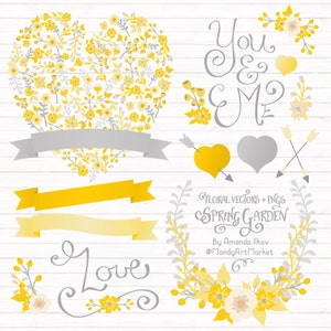 Clipart y vectores de corazón floral profesional Sunshine Yellow - Imágenes prediseñadas florales para el corazón, Imágenes prediseñadas de cumpleaños, Imágenes prediseñadas de bodas, Vectores de boda