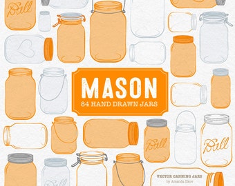 Professional Mason Jar Clipart in Tangerine - Mason Jar Clipart, Glass Jar Clipart, Preserve Jar, Jam Jars, Mason Jars