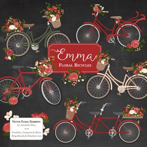 May include: Four floral bicycles with red, white, and green flowers in baskets. The bicycles are red, green, cream, and tan. The text "Emma Floral Bicycles" is on a red banner.