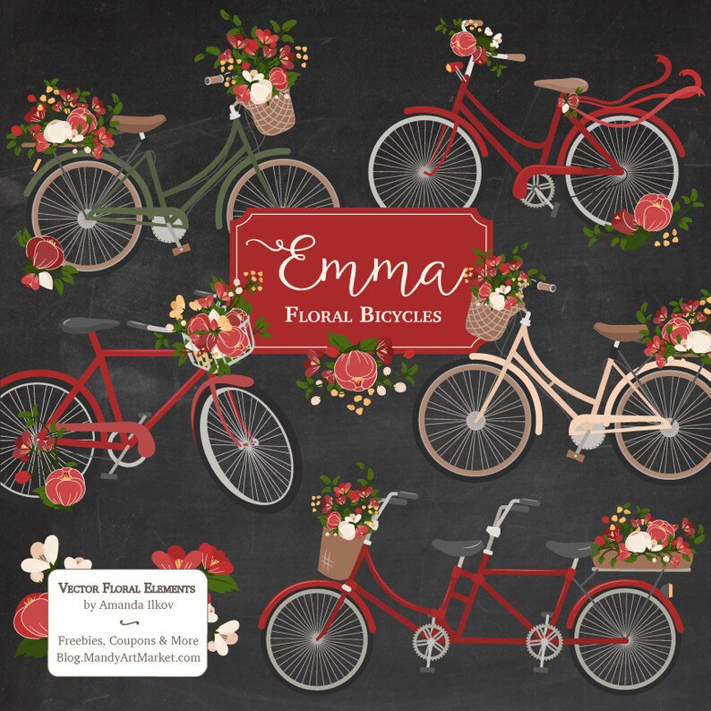 May include: Four floral bicycles with red, white, and green flowers in baskets. The bicycles are red, green, cream, and tan. The text "Emma Floral Bicycles" is on a red banner.