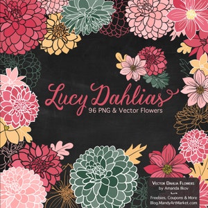 May include: A digital illustration of 96 pink, red, yellow, and green dahlia flowers on a black background. The text "Lucy Dahlias 96 PNG & Vector Flowers" is at the bottom of the image.  VECTOR DAHLIA FLOWERS by Amanda Ilkov Freebies, Coupons & More Blog.MandyArtMarket.com