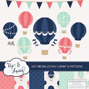 Modern Chic Hot Air Balloons Clipart with Digital Papers - modern hot air balloons clipart, hot air balloons vectors