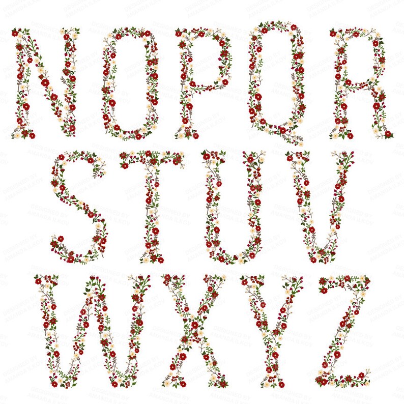 Op de afbeelding: Bloemenalfabet van N tot Z. Elke letter is samengesteld uit rode bloemen, groene bladeren en kleine witte bloemen. De letters zijn gerangschikt op een witte achtergrond, waardoor een decoratief bloemendesign ontstaat.