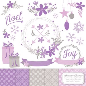 Premium Lavender Christmas Clip Art & Christmas Digital Papers Set - Purple Christmas Wreath Clipart, Christmas Clipart, Snowflakes