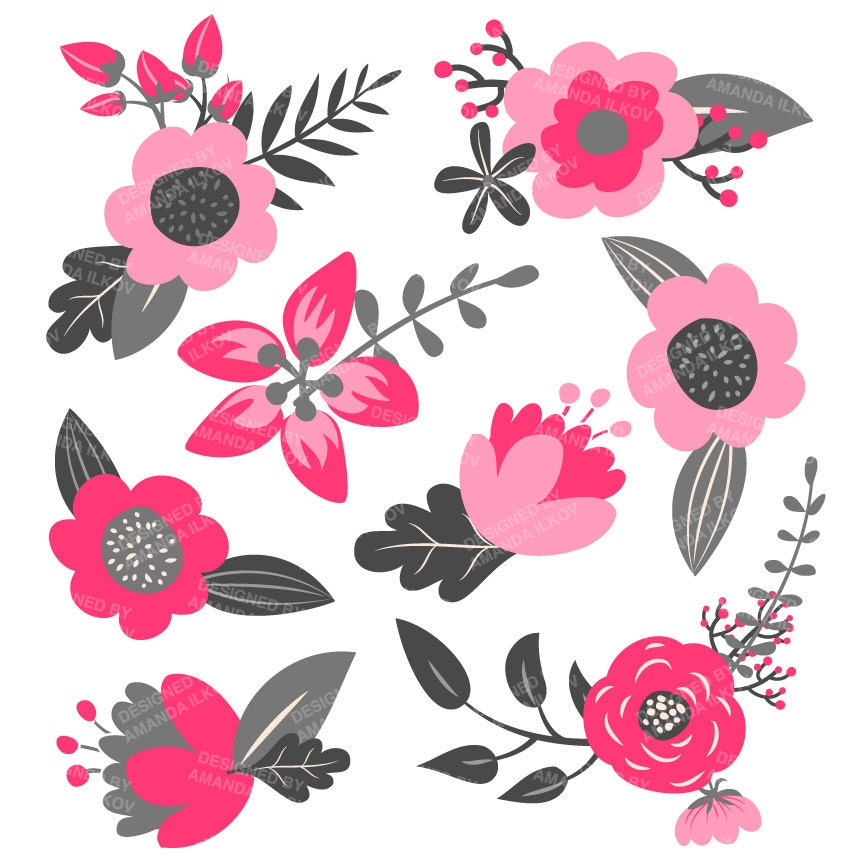 Premium Hot Pink Floral Clipart & Flower Vectors Pink Etsy