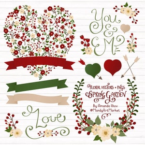 Professional Floral Heart Clipart & Vectors - Floral Heart Clip Art, Christmas Wedding Clipart, Wedding Clip Art, Christmas Clipart