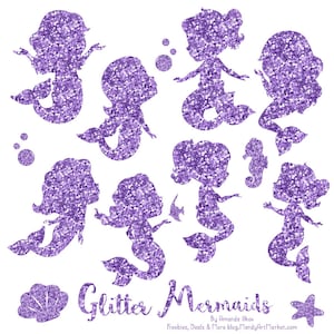 Cute Glitter Mermaids Clipart - Purple Mermaid Glitter Clipart, Purple Glitter Mermaid Silhouettes, Mermaid Clipart, Mermaid Vectors