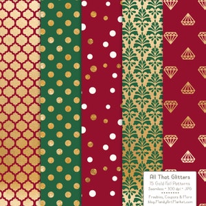 Pode incluir: Cinco padr&otilde;es de papel digital com designs de folha de ouro em fundo vermelho, verde e branco. Os padr&otilde;es incluem um design geom&eacute;trico, bolinhas, um design floral e diamantes. O texto "All That Glitters" est&aacute; na parte inferior da imagem.