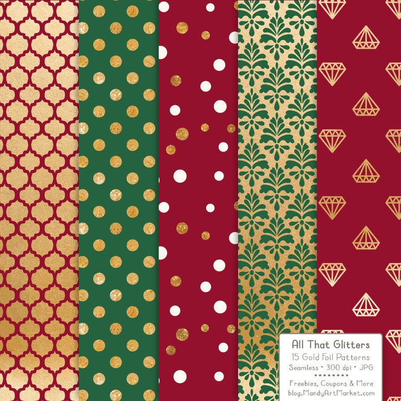 Pode incluir: Cinco padr&otilde;es de papel digital com designs de folha de ouro em fundo vermelho, verde e branco. Os padr&otilde;es incluem um design geom&eacute;trico, bolinhas, um design floral e diamantes. O texto "All That Glitters" est&aacute; na parte inferior da imagem.