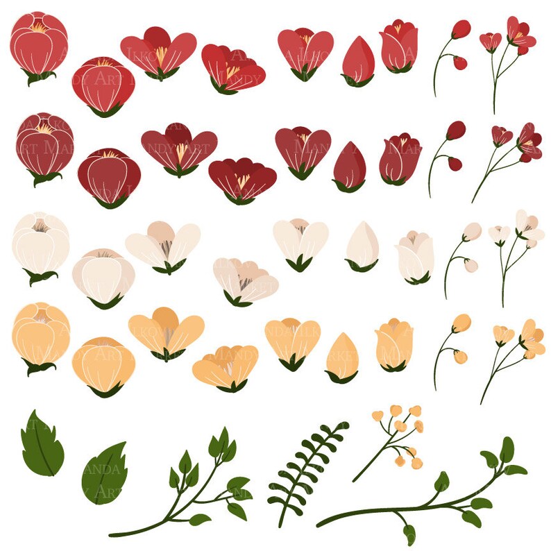 May include: A set of digital illustrations featuring various flower shapes and colours. The set includes red, white, and yellow flowers, as well as green leaves and stems.