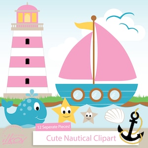 Professional Cute Nautical Clipart for Digital Scrapbooking, Crafting, Invitations, Web and More Cute Sailboat, Girls Nautical Clip Art image 1