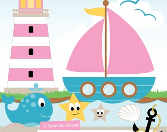 Professional Cute Nautical Clipart for Digital Scrapbooking, Crafting, Invitations, Web and More - Cute Sailboat, Girls Nautical Clip Art