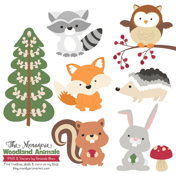 Premium Woodland Animals Clip Art & Vectors - Woodland Clipart, Forest Animal Clipart, Woodland Animal Vectors, Fox Clip Art, Owl Clip Art