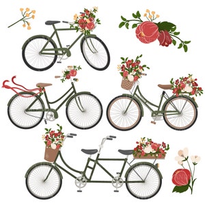 May include: Four bicycles with floral accents. A green single-speed bicycle with a basket of red flowers, a green single-speed bicycle with a basket of red flowers and a red ribbon, a green single-speed bicycle with a basket of red flowers, and a green tandem bicycle with a basket of red flowers.