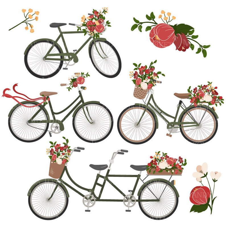 May include: Four bicycles with floral accents. A green single-speed bicycle with a basket of red flowers, a green single-speed bicycle with a basket of red flowers and a red ribbon, a green single-speed bicycle with a basket of red flowers, and a green tandem bicycle with a basket of red flowers.