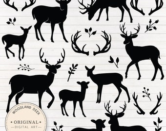Premium-rustikale Hirsch Silhouetten, Clipart & Vektoren - Hirsch Klammer Hirsch Vektoren, Wald ClipArt, Reh-Foto-Overlay, Kunst, Hirsch Silhouetten
