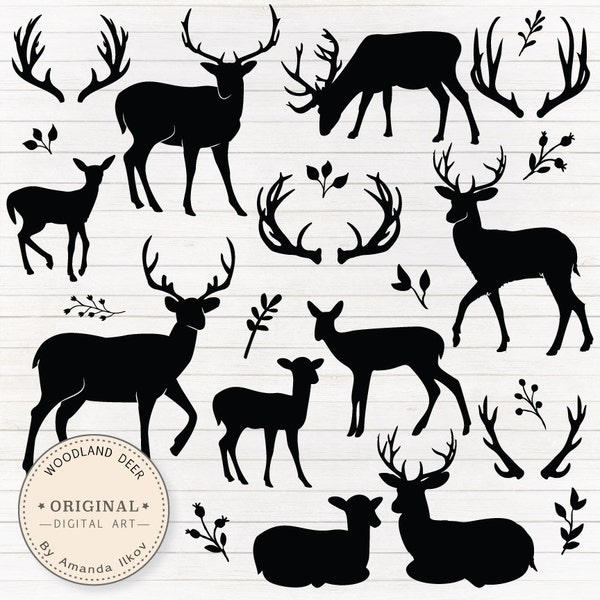 Premium Rustic Deer Silhouettes Clipart & Vectors - Deer Clip Art, Deer Vectors, Woodland Clip Art, Deer Photo Overlay, Deer Silhouettes