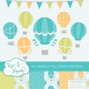 Land & Sea Hot Air Balloons Clipart with Digital Papers - green hot air balloons clipart, hot air balloons vectors