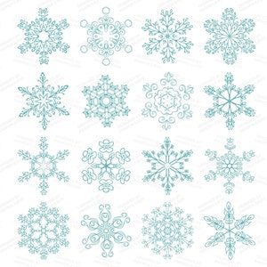 K&ouml;nnte beinhalten: Set mit 12 Illustrationen von t&uuml;rkisblauen Schneeflocken. Jede Schneeflocke hat ein einzigartiges Design mit filigranen Details.