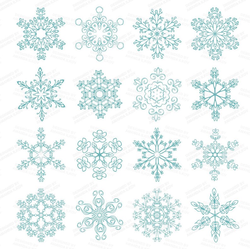 K&ouml;nnte beinhalten: Set mit 12 Illustrationen von t&uuml;rkisblauen Schneeflocken. Jede Schneeflocke hat ein einzigartiges Design mit filigranen Details.