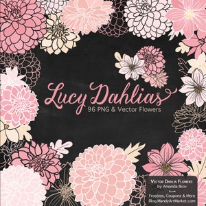 May include: A digital illustration of pink and cream dahlias with black outlines. The image is set against a black background and includes the text "Lucy Dahlias 96 PNG & Vector Flowers".