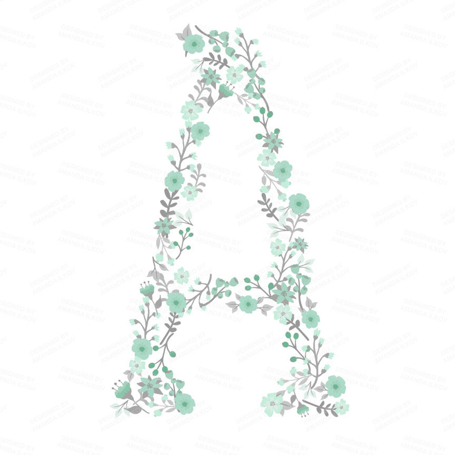Professional Floral Alphabet Clipart & Vectors Mint and Grey - Etsy
