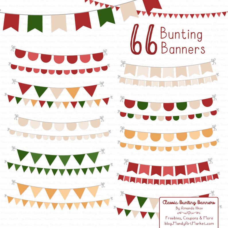 K&ouml;nnte beinhalten: Ein Set mit 66 druckbaren Wimpelbannern in verschiedenen Farben und Mustern. Die Banner sind in Rot, Gr&uuml;n, Beige und Orange. Die Banner haben die Form von Dreiecken, Halbkreisen und Rechtecken. Der Text "66 Bunting Banners" befindet sich in der oberen rechten Ecke des Bildes. Der Text "Classic Bunting Banners" befindet sich in der unteren rechten Ecke des Bildes.