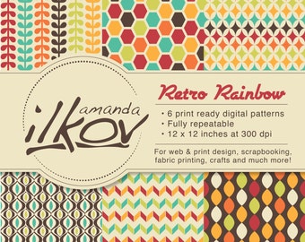 Premium Retro Digital Papers or Background Images for Scrapbook Paper, Crafting and More - Retro Rainbow Patterns by Amanda Ilkov