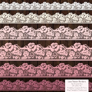 May include: Five different lace borders with a floral design. The borders are white, cream, light pink, pink, and dark pink. The borders are on a brown wood background. The text "Lace Vector Borders" is at the bottom of the image.