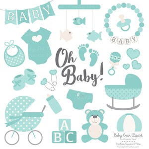 May include: A set of baby boy themed clipart images in blue and white. The images include a baby onesie, a bib, a rattle, a baby crib, a teddy bear, a baby mobile, a dummy, a baby carriage, a ball, and blocks that spell "ABC".