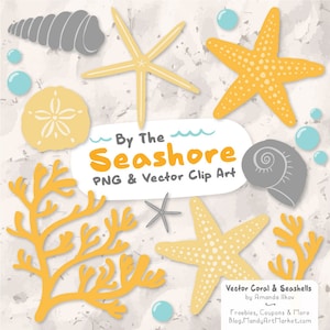 Könnte beinhalten: Ein Satz digitaler Clipart-Bilder mit Muscheln, Seesternen, Korallen und Blasen in den Farben Gelb, Orange, Grau und Blau. Der Text "By The Seashore PNG & Vector Clip Art" ist im Bild enthalten.
