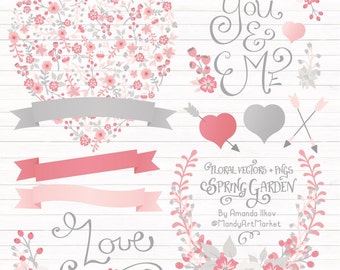 Professional Pink And Grey Floral Heart Clipart & Vectors - Floral Heart Clip Art, Birthday Clipart, Wedding Clip Art, Wedding Vectors