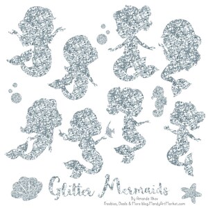 Cute Glitter Mermaids Clipart - Silver Mermaid Glitter Clipart, Silver Glitter Mermaid Silhouettes, Mermaid Clipart, Mermaid Vectors