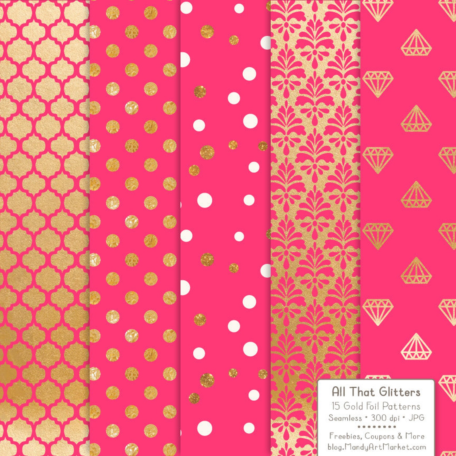 Premium Gold Foil Hot Pink Digital Papers - Party Patterns, Party ...