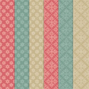 May include: Six different seamless patterns with a vintage aesthetic. The patterns feature a variety of floral and geometric designs in shades of pink, blue, and beige.