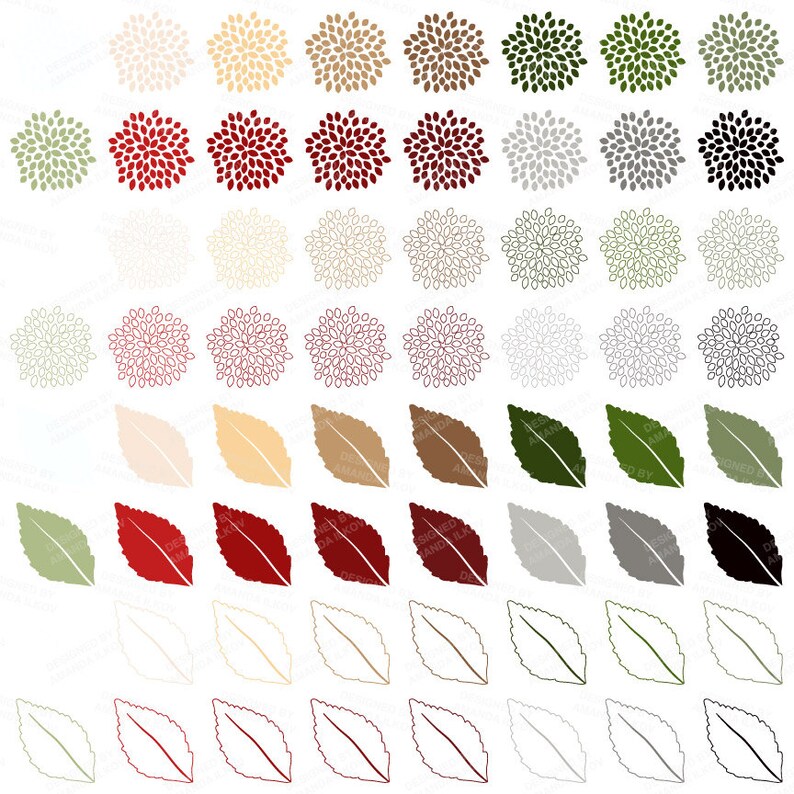 May include: A set of 40 digital clipart images featuring various floral and leaf designs in different colours, including red, green, brown, grey, and white. The designs are perfect for adding a touch of nature to your digital projects.