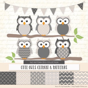 Patterned Grey Owls Clipart and Digital Papers - Grey Owl Clipart, Owl Vectors, Baby Owls, Cute Owls
