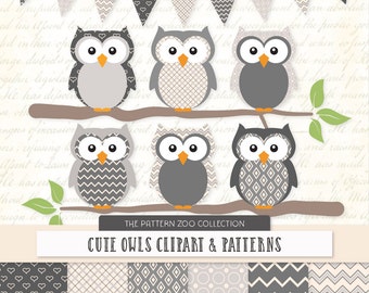 Patterned Grey Owls Clipart and Digital Papers - Grey Owl Clipart, Owl Vectors, Baby Owls, Cute Owls