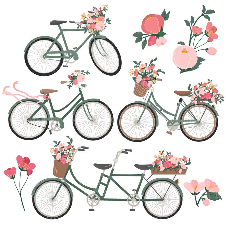 Peut inclure: Quatre bicyclettes avec des accents floraux. Deux sont des bicyclettes &agrave; une personne avec des paniers remplis de fleurs roses. L'une est une bicyclette tandem avec un panier et un arrangement floral &agrave; l'arri&egrave;re. La quatri&egrave;me bicyclette a un panier rempli de fleurs roses et un ruban rose attach&eacute; au guidon.