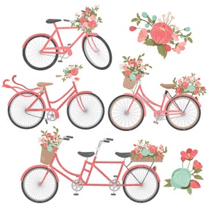 May include: Four pink bicycles with floral baskets and decorations. The bicycles are a single-speed, a tandem, and two cruiser bikes. The flowers are pink, white, and green.