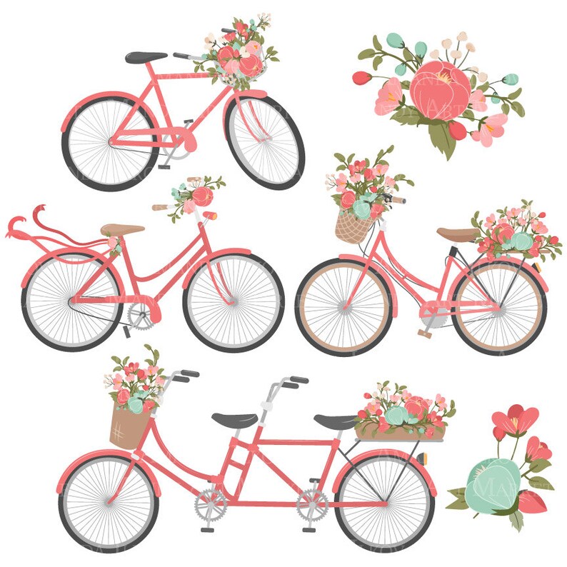 May include: Four pink bicycles with floral baskets and decorations. The bicycles are a single-speed, a tandem, and two cruiser bikes. The flowers are pink, white, and green.