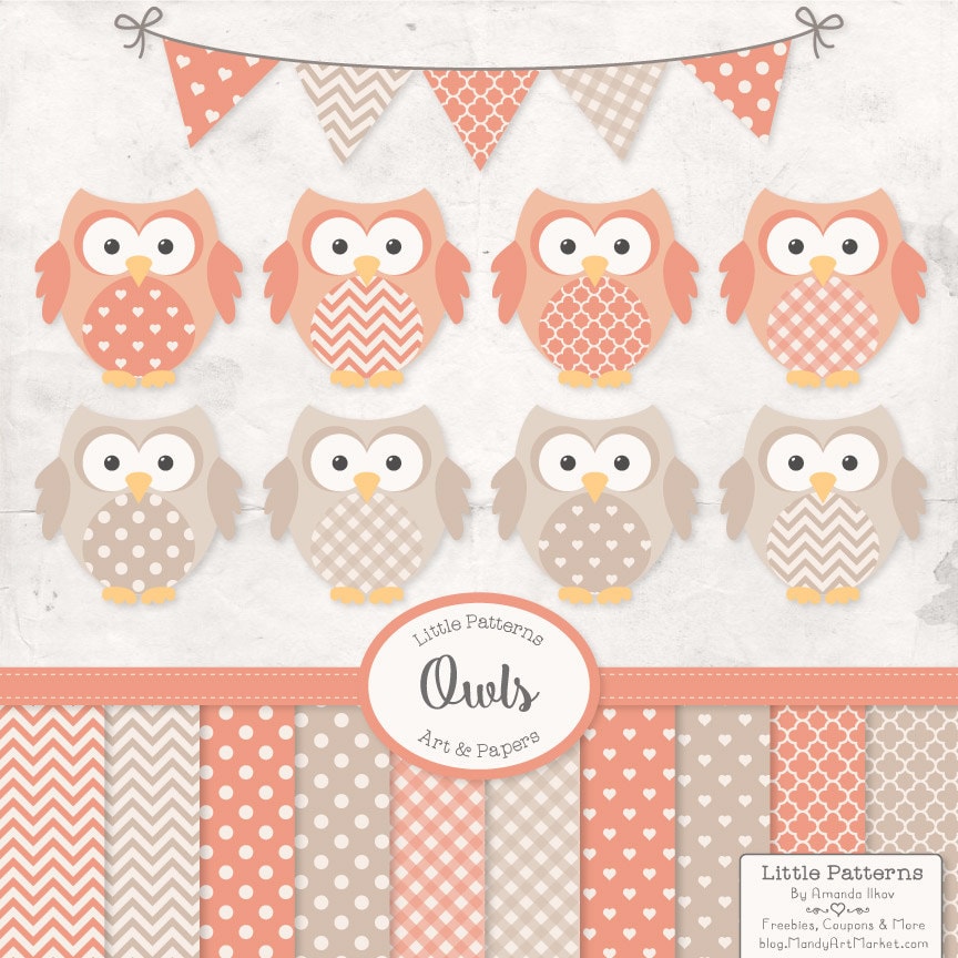 Premium Owl Clipart, Vectors & Digital Papers in Antique Peach - Peach Owl Clip Art, Owl Vectors