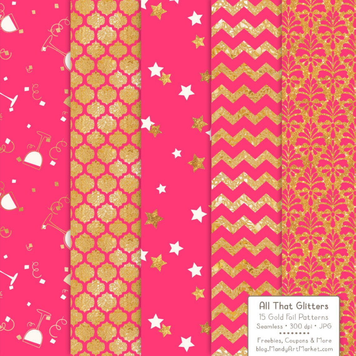 Premium Gold Foil Hot Pink Digital Papers - Party Patterns, Party ...
