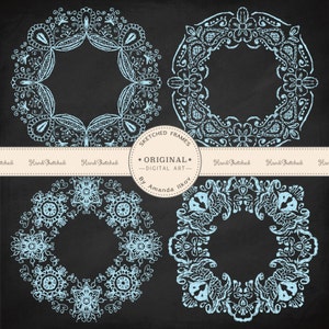 Premium Large Handsketched Henna Frames - Soft Blue Lace Vintage Frames, Henna Clipart, Hand Drawn Frames, Sketched Frames, Lace Frames