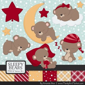 Pode incluir: Conjunto de clipart digital com ursos marrons dormindo em várias poses. Os ursos estão dormindo em uma lua crescente, uma nuvem, um travesseiro e no chão. O conjunto também inclui estrelas vermelhas, um balão vermelho em forma de estrela e quatro fundos estampados. O texto "Sleepy Bears PNG & Vector Art" está na parte inferior da imagem. Por Amanda Ilkov | www.MandyArtMarket.com