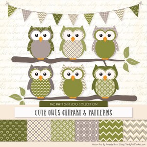 Patterned Avocado Owls Clipart and Digital Papers - Green Owl Clipart, Owl Vectors, Baby Owls, Cute Owls
